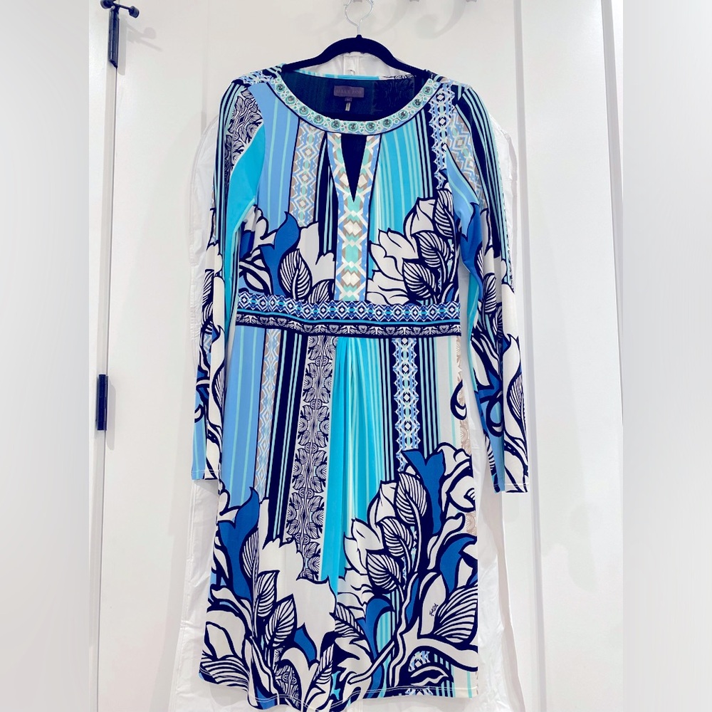 Bohemian blue, white, long sleeved Hale Bob dress, size medium. NWOT.